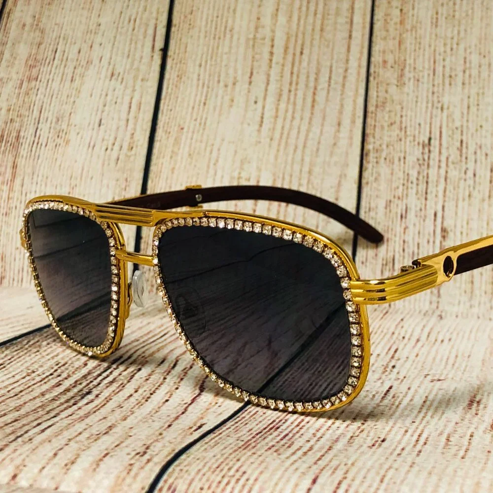 Men Sunglasses Champagne Lens Rectangular Gold Diamond Gang Style Quevo‎ Gafas